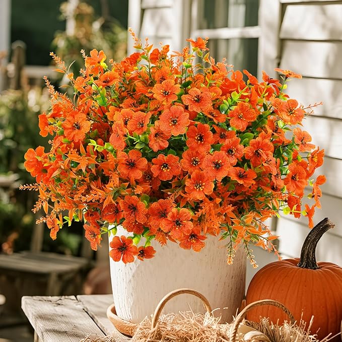 SHareconn 48 Bundles Artificial Fall Flowers for Outdoors Decoration, UV Resistant Silk Eucalyptus Lavender Faux Autumn Fake Plants for Outside Indoor Garden Yard Porch Home Decor, Orange