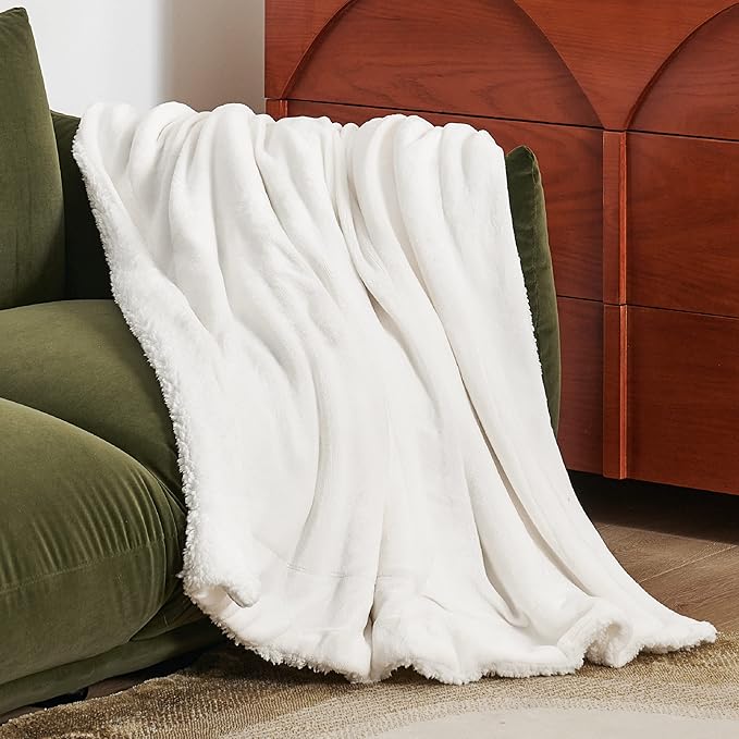 Bedsure GentleSoft Sherpa Fleece Throw Blanket Twin Size for Couch - Thick and Warm Throw for Women and Men, Soft Fuzzy Plush Twin Blanket for Winter, White, 60x80 Inches