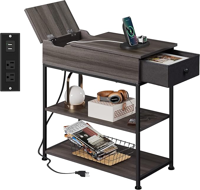 WLIVE Small Side Tables with Charging Station, Narrow End Table for Bedroom/Living Room, Sofa Couch Side Table with Storage for Small Spaces, Home Office, USB Ports and Outlets, Grey