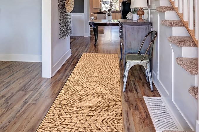 Custom Length Cut to Size Tribal Ethnic Southwestern Inspired Hallway Runner Rug, Non Slip Rubber Backed, 31 inch Wide X Customized Length, Inca Tan, 31 inch X 20 feet