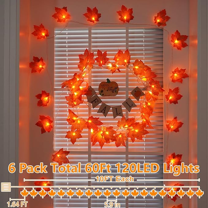 YEGUO 6 PCS Thanksgiving Decorations for Home, Fall Lights Battery Operated, Total 60ft 120 LED Lighted Fall Garland Maple Leaves for Halloween Holiday Autumn Harvest Fall Thanksgiving Decor