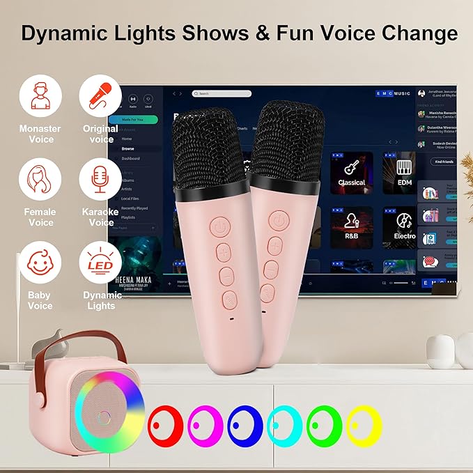 Portable Karaoke Machine with Bluetooth, Party Lights, 2 Wireless Microphones for Adults Kids Karaoke Speaker Birthday Gifts for Girls Boys Family Home Party (Pink 2 Mics)