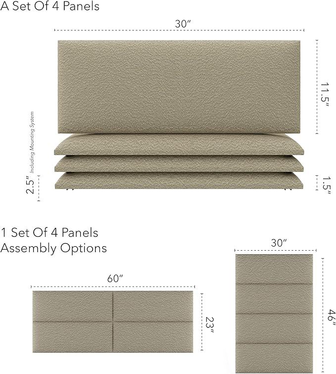 Vänt Upholstered Wall Panels - Queen/Full Size Wall Mounted Headboards - Boucle Beige - Set of 4 Panels (Each Individual Panel 30"x11.5")