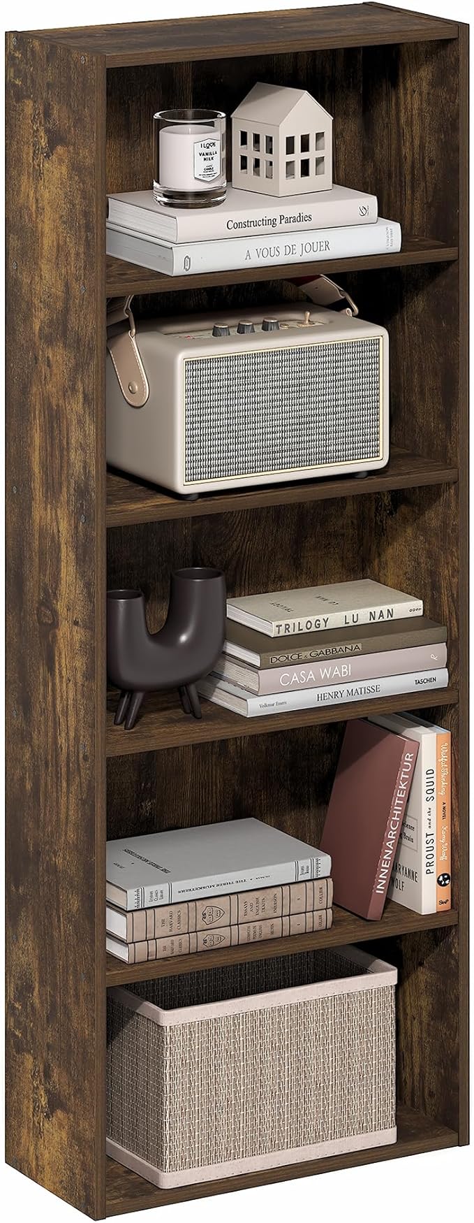 Furinno Basic Book Shelf, 5-Tier Bookshelf, Cube Storage Organizer Bookcase with Open Shelf, 7 x 17 x 44, for Living Room, Bedroom, Home Office, Amber Pine