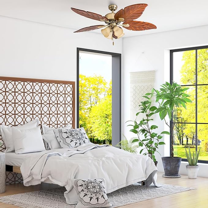 Honeywell Ceiling Fans Royal Palm, 52 Inch Tropical LED Ceiling Fan with Light, Pull Chain, Three Mounting Options, Hand Carved Solid Wood Blades - Model 50504-01 (Aged Brass)