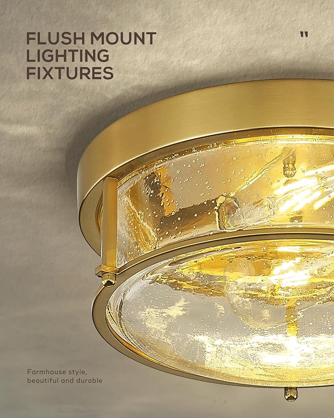 FEMILA 12" Ceiling Light Fixture, 2-Light Flush Mount Light for Bedroom Kitchen Dining Room Hallway Entryway, Brass Gold Finish with Seeded Glass, 4FTJ22-F BG