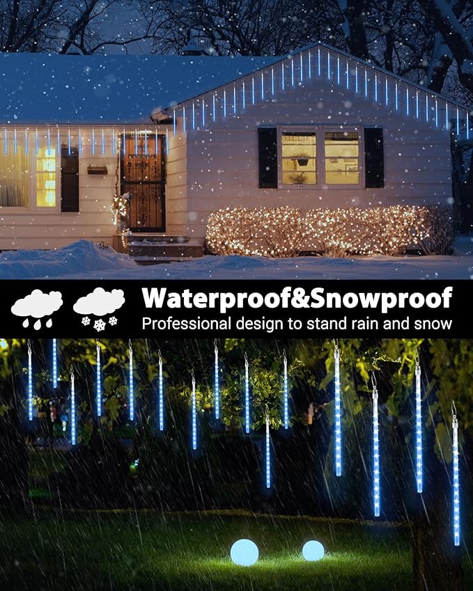 Joomer Christmas Lights Outdoor, 11.8 inch 10 Tubes 240 LED Meteor Shower Lights, LED Snow Falling Icicle Cascading Light with Timer Waterproof and Connectable for Christmas Decoration (Blue)