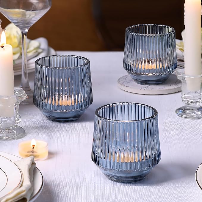 12 Pcs Large Blue Votive Candle Holders- 3.15"×3.15" Ribbed Blue Candle Holders, Blue Tea Lights Candle Holders for Dusty Blue Wedding Decor, Bridal Shower Decorations, Blue Centerpieces for Tables