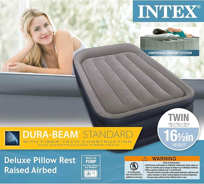 Intex Dura-Beam Standard Series Deluxe Pillow Rest Raised Airbed w/ Soft Flocked Top for Comfort, Built-in Pillow & Electric Pump, Bed Height 16.5", Twin