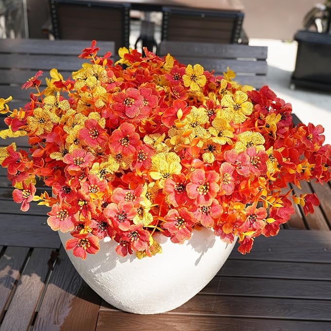 Artificial Flowers for Outdoor, UV Resistant Fake Silk Flowers, Realistic Faux Plants for Outside Indoor Porch Patio Window Box Planter Home Decor (16, Fall OrangeRed Yellow)