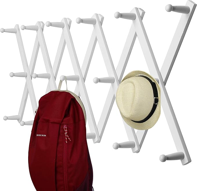 WEBI Accordion Wall Hanger,Expandable Wooden Hat Rack for Wall Mounted Coat Rack,Accordion Hat Hooks Holder for Baseball Caps,17 Peg Hooks,White