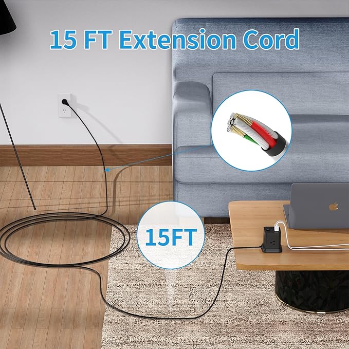 Extension Cord 15 ft, FDTEK Flat Plug Power Strip with 4 Widely Spaced Outlet with 3 USB, Extension Cord with Multiple Outlets for Indoor Home Office, Dorm Room Essentials