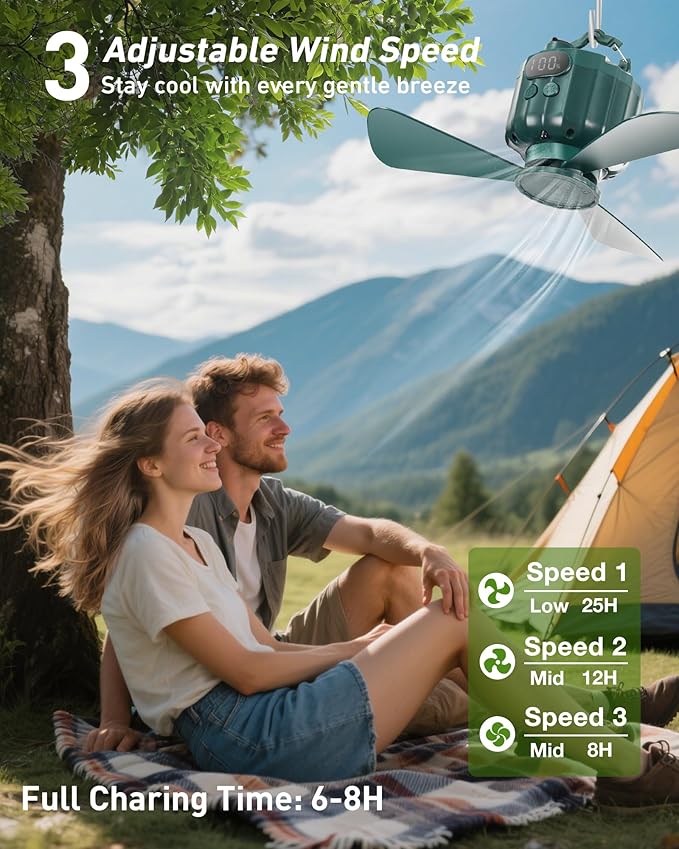 DUKUSEEK Tent Ceiling Fans for Camping Hanging, Portable Tent Fans with Light and Remote Control, Power Bank, USB Battery Operated Camping Fan with Hanging Hook for Outdoor, Car, RV