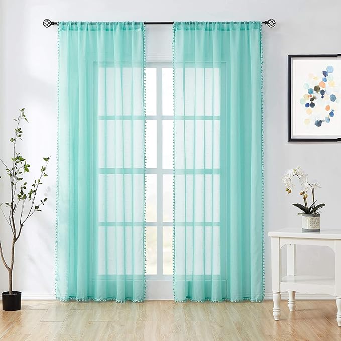 Treatmentex Pompom Sheer Window Curtains for Bedroom Aqua-Blue 95inches Length Decorative Sheer Window Drapes for Wedding Party Ceremony 52" W x 2 Panels Rod Pocket