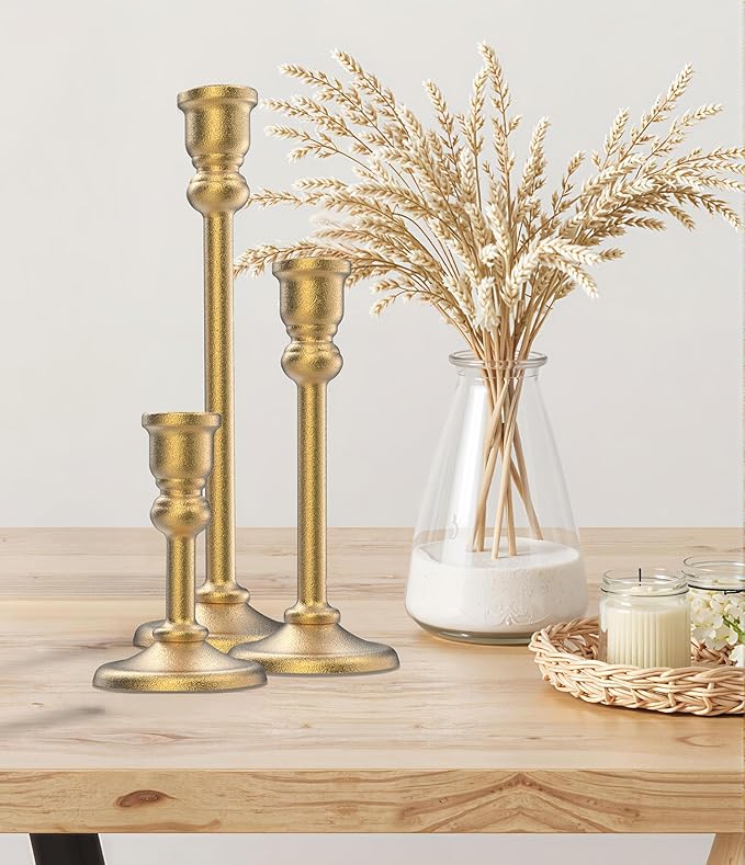 Heavy Candlestick Holders Taper Candle Holders Set of 3, Golden Candlestick Holders Decorative Candle Stand, Tapered Candle Holders Set for Wedding, Dining Table, Home Decoration (Antique Gold)
