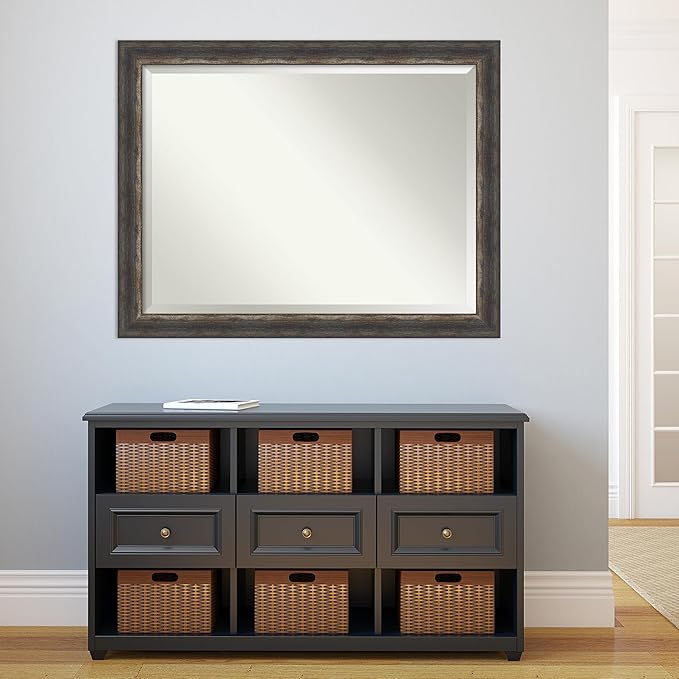 Amanti Art Brown Bathroom Mirror for Over Sink, 35x45 Bark Rustic Char Rectangle Vanity Mirror, X-Large Country Rustic Frame, Hangs Horizonally and Vertically, Bathroom Wall Decor, Beveled Edge