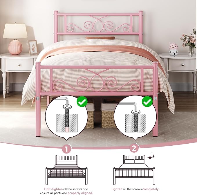 Yaheetech Twin Bed Frames Metal Platform Bed with Headboard and Footboard No Box Spring Needed Easy Assembly,Under-Bed Space: 12.6''/Pink/Twin Bed