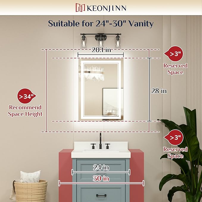 Keonjinn LED Mirror for Bathoom 20 x 28 Inch, Bathroom Mirror with Front Lights, Shatter-Proof Tempered Glass, UL-Listed LED Driver, Anti-Fog, Dimmale 6000K, Easy Installation(Horizontal/Vertical)