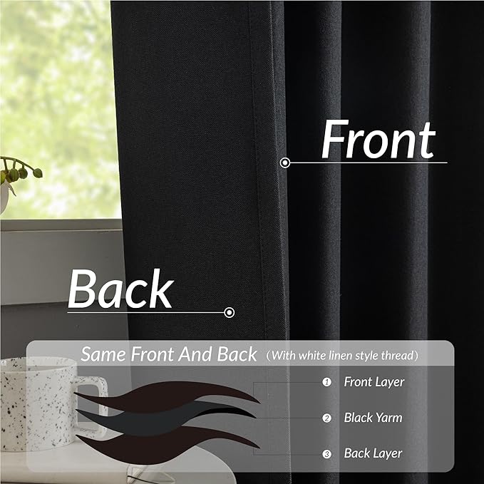KangBang Pinch Pleat Black Out Linen Curtains 96 Inches Long, Noise Blocking Modern Pleated Drapes for Living Room with Hooks, Light Blocking Vertical Drapes for Office Hotel 2 Panels,40Wx96L, Black