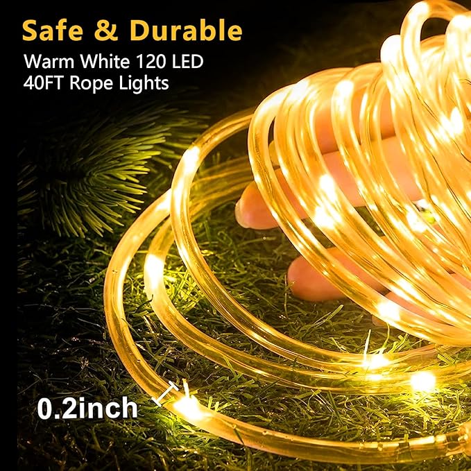 LED Rope Lights Battery Operated String Lights-40Ft 120 LEDs 8 Modes Outdoor Waterproof Fairy Lights Dimmable/Timer with Remote for Camping Party Garden Holiday Decoration(Warm 1 Pack)