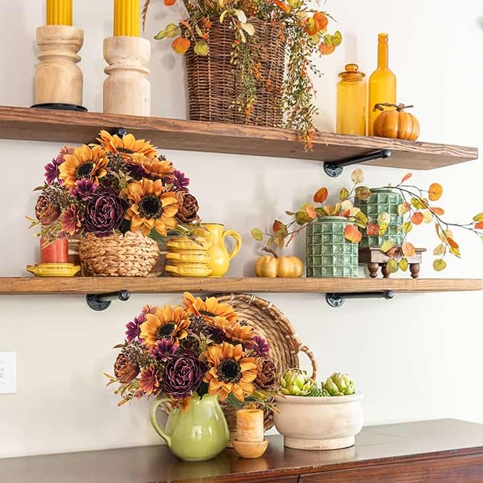 GTIDEA 2 Bundles Fall Flowers Bouquet Vintage Artificial Flowers Fake Sunflowers with Silk Peonies Orange Autumn Flowers for Home Table Centerpieces Wedding Festival Party Decor