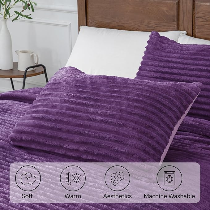 BEDELITE Fleece King Comforter Set -Super Soft & Warm Fluffy Purple Bedding, Luxury Fuzzy Heavy Bed Set for Winter with 2 Pillow Cases