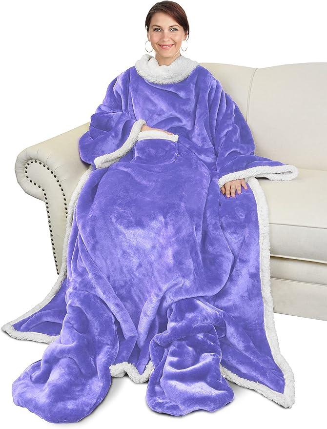 Catalonia Sherpa Wearable Blanket with Sleeves & Foot Pockets for Adult Women Men, Comfy Snuggly Wrap Sleeved Throw Blanket Robe, Gift Idea