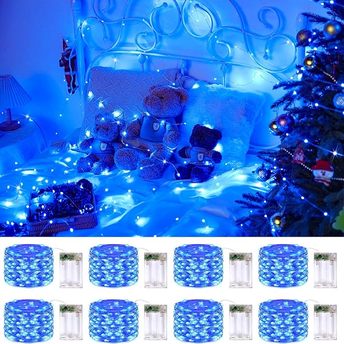 JMEXSUSS 8 Pack 50 LED Blue Fairy Lights Battery Operated Halloween Christmas Decorations