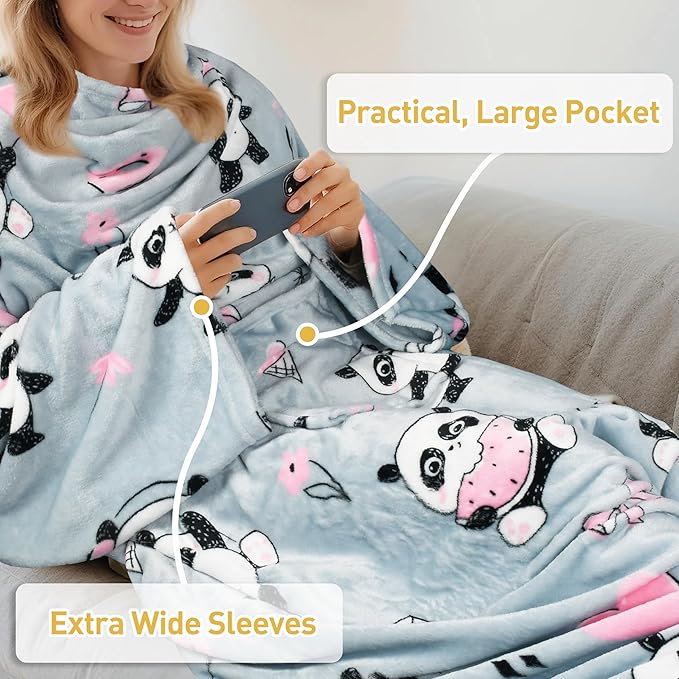 Catalonia Panda Print Wearable Blanket with Sleeves and Foot Pocket – Ultra-Soft Warm Fleece Long Throw Snuggly Blanket for Sleeping & TV Time – Cozy Christmas Gift for Women & Men