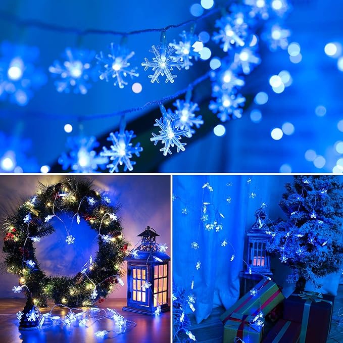 BrizLabs Blue Snowflake Lights, 40 LED 16.08ft Snow Flake Christmas String With Remote, Battery Twinkle, 8 Modes Xmas Waterproof for Outdoor Indoor Wedding Party Window Decor