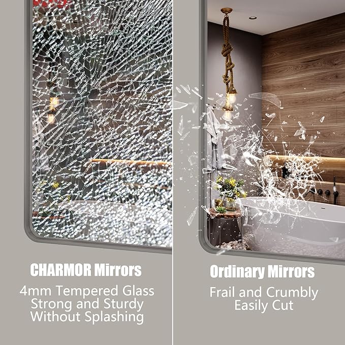50x40 Silver Brushed Nickel Bathroom Mirror for Wall, Rounded Rectangle Silver Framed Bathroom Vanity Mirror, Anti-Rust, Shatterproof, Hangs Horizontally or Vertically