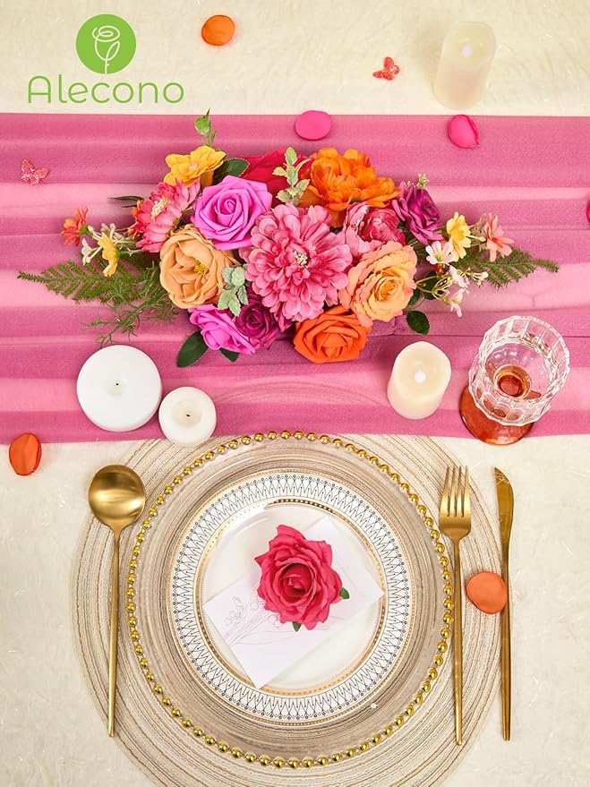 Alecono Artificial Flowers, Orange and Hot Pink Silk Fake Flowers for DIY Wedding Bouquets, Cake Flowers for Table Centerpieces Party Home Decorations