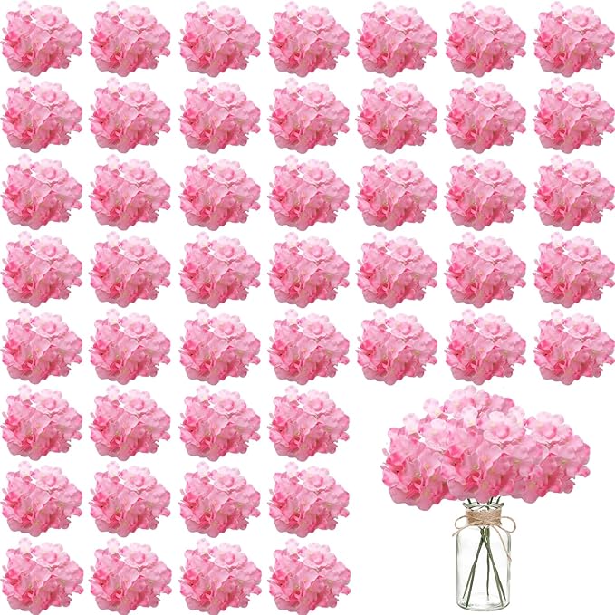 100PCS Artificial Hydrangea Flowers, Fake Flowers Silk Hydrangea Full Flowers Heads with Stems for Wedding Home Party Shop Baby Shower Decor (Dark Pink)
