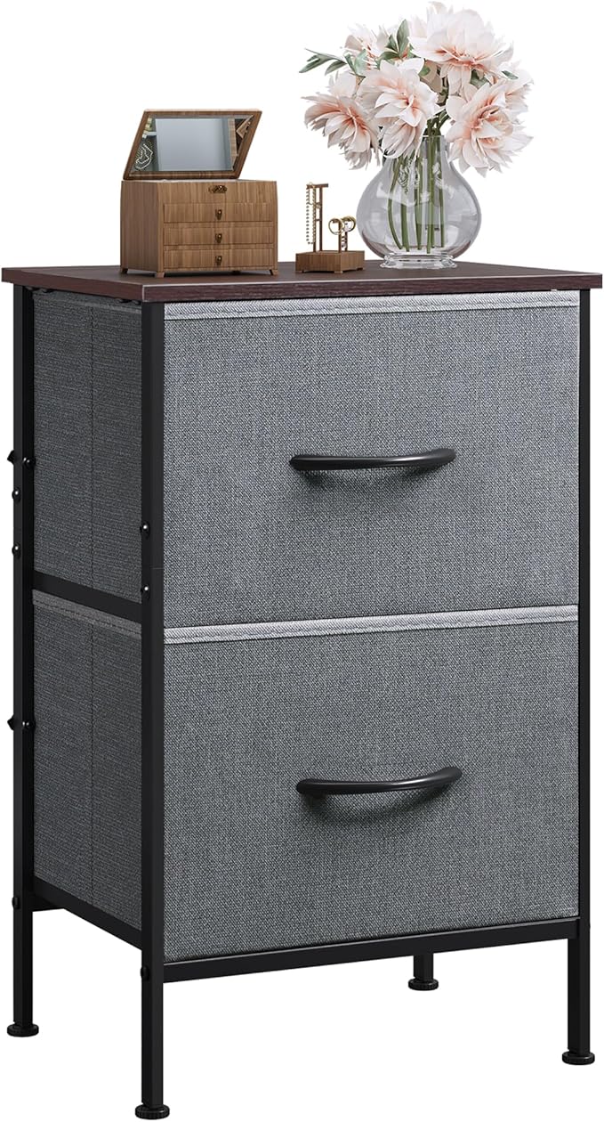 WLIVE Nightstand, Nightstand with 2 Drawers, Bedside Furniture, Night Stand, Small Dresser for Bedroom, College Dorm, End Table with Fabric Bins, Dormitory, Dark Grey, Size L