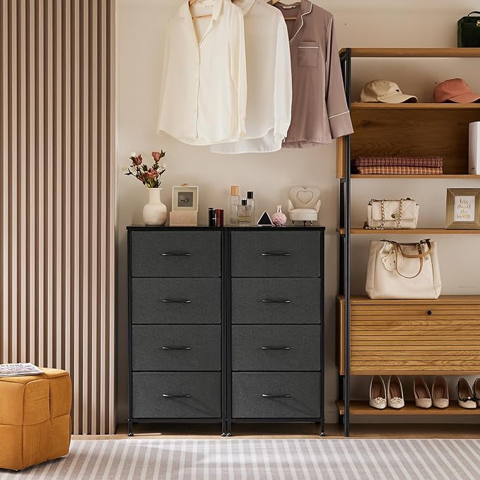 DUMOS Dresser for Bedroom 4 Drawers, Tall Fabric Closet Chests Organizer Tower Furniture with Wooden Top Metal Frame for Nursery, Living Room, Closet, Grey