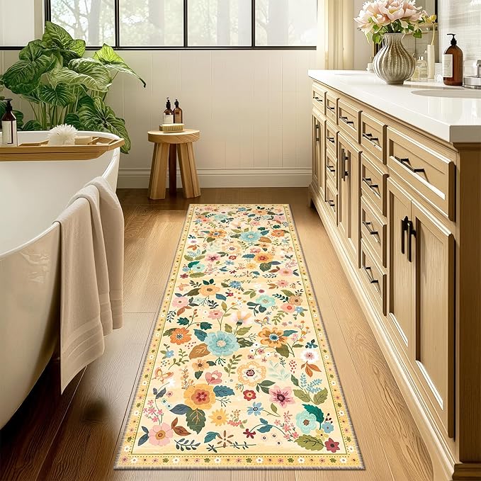 Floral 2x6 Area Rug Machine Washable Soft Print Boho Carpet Non Slip Doormat Low Pile Flower Area Rugs for Living Room Bedroom Nursery Kitchen Dining Room Indoor-Ivory/Yellow