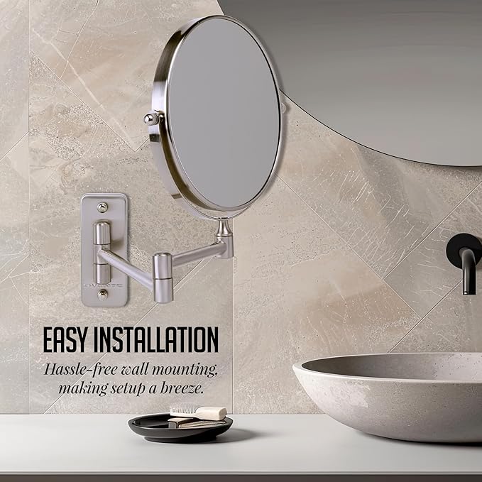 OVENTE 7" Wall Mounted Makeup Mirror with 1X/10X Magnification, Double Sided Magnifying Round Bathroom Vanity Mirror, 360° Swivel Design, Extendable and Folding Arm, Nickel Brushed MNLFW70BR1X10X