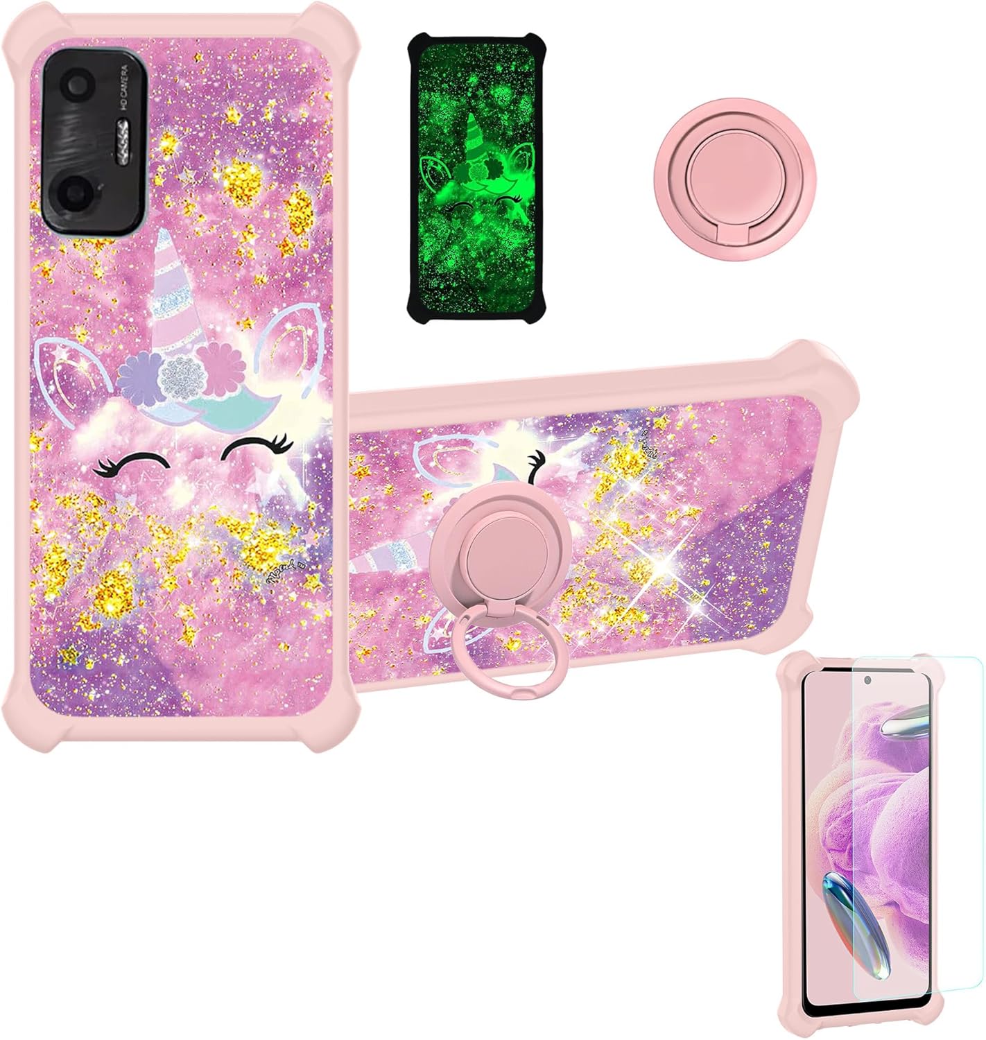 jioeuinly Vortex ZG65H Case for Vortex ZG65 / ZG65 PRO, with Tempered Glass Screen Protector, Ring Support, Gold Glitter