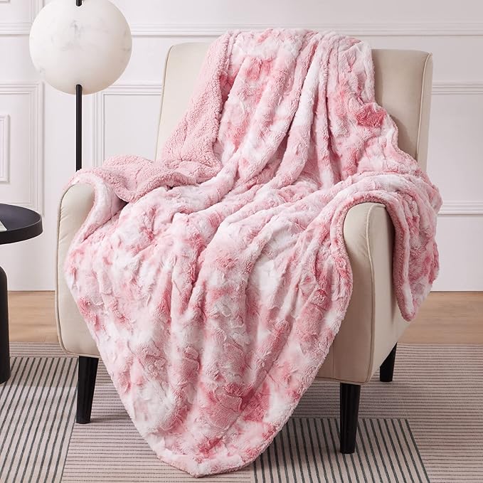 Bedsure GentleSoft Sherpa Fluffy Blanket Twin Size - Fleece Warm and Cozy Throw for Women Gift, Plush & Fuzzy Faux Fur Christmas Blanket for Couch, Sofa, Bed Decor, Tie Dye Design, Pink, 60x80 Inches