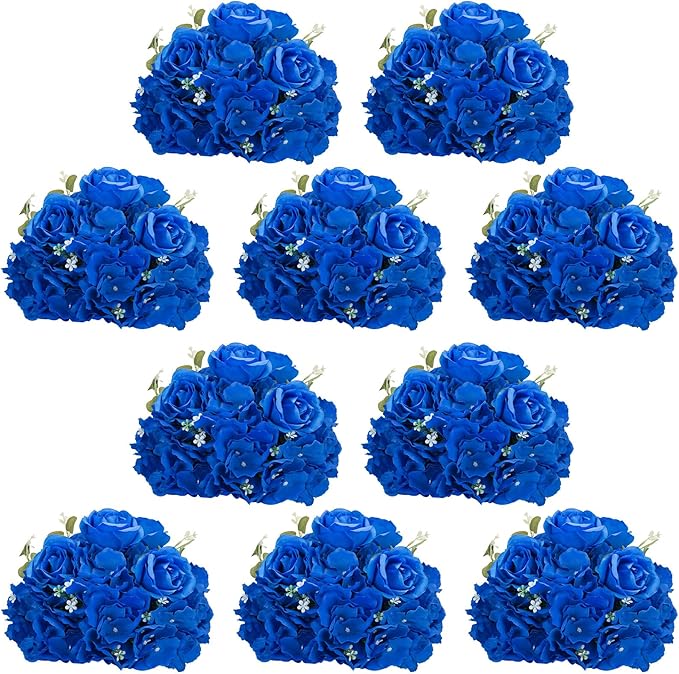 NUPTIO Royal Blue Flowers for Centerpieces: 10 Pcs 11.8 inch Diam Artificial Flower Balls for Centerpieces - Fake Flower Ball Arrangement Bouquet Rose Wedding Centerpieces for Tables Decorations