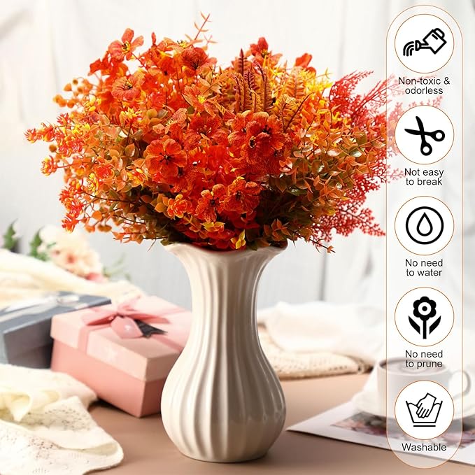 Mimorou 60 Bundle Fall Artificial Flowers Outdoor UV Resistant Autumn Orange Fake Plants Flowers Faux Plastic Greenery Decoration Shrub for Wedding Window Box Home Porch Fireplace Thanksgiving