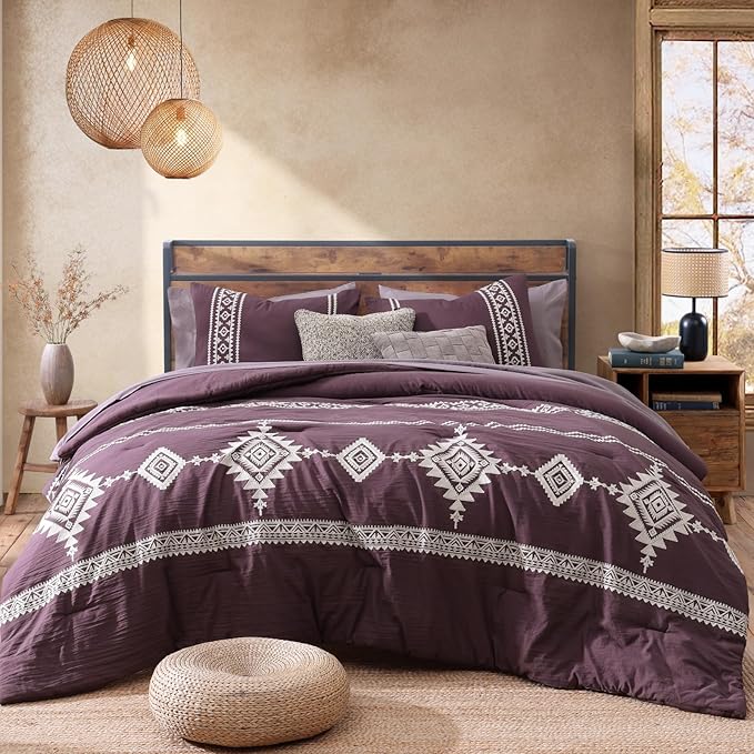MaiRêve Embroidery Full Size Comforter Set Purple, Farmhouse Western Boho Bedding Set 7 Pieces, All Season Bed in A Bag Comforter Set with Sheets, Pillowcases & Shams