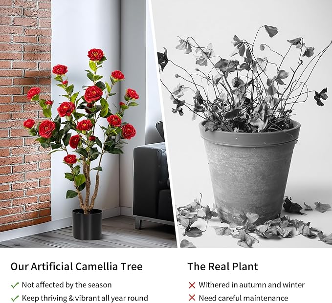 Artificial Camellia Tree 2 Pack, Artificial Plants Outdoor Faux Floral Plant in Cement Pot Fake Red Silk Camellia Tree Plants for Home House Living Room Office Decor (Red (2 Pack))