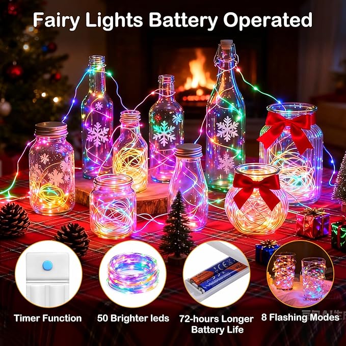 ZNYCYE 50 LED Fairy Lights with Timer, 6 Pack 8.2 Ft 8 Modes Battery Operated String Lights, Multi-Color for DIY Wedding Bedroom Mason Jar Vases Table Party Christmas Decoration