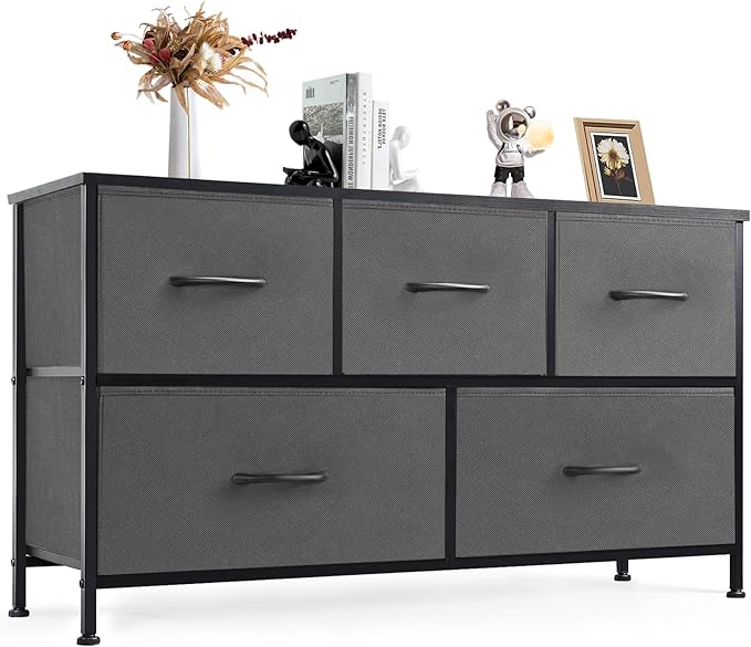 DUMOS Dresser for Bedroom, 5 Storage Drawers, Wide Fabric Closet Chests Organizer Tower Furniture with Wooden Top Metal Frame for Clothes, Guest Room, Living Room, Hallway, Entryway