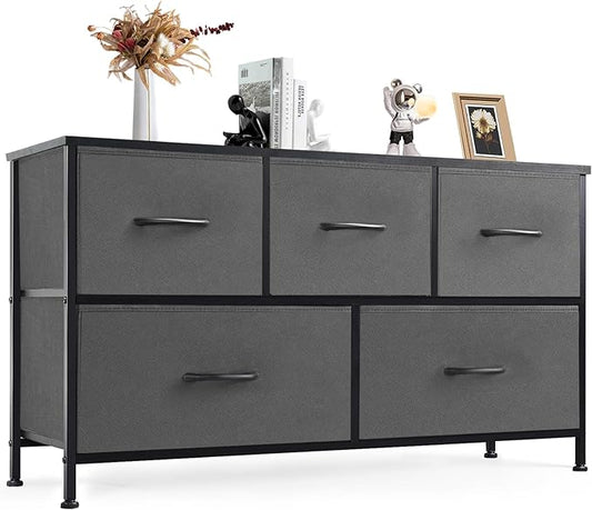 DUMOS Dresser for Bedroom, 5 Storage Drawers, Wide Fabric Closet Chests Organizer Tower Furniture with Wooden Top Metal Frame for Clothes, Guest Room, Living Room, Hallway, Entryway