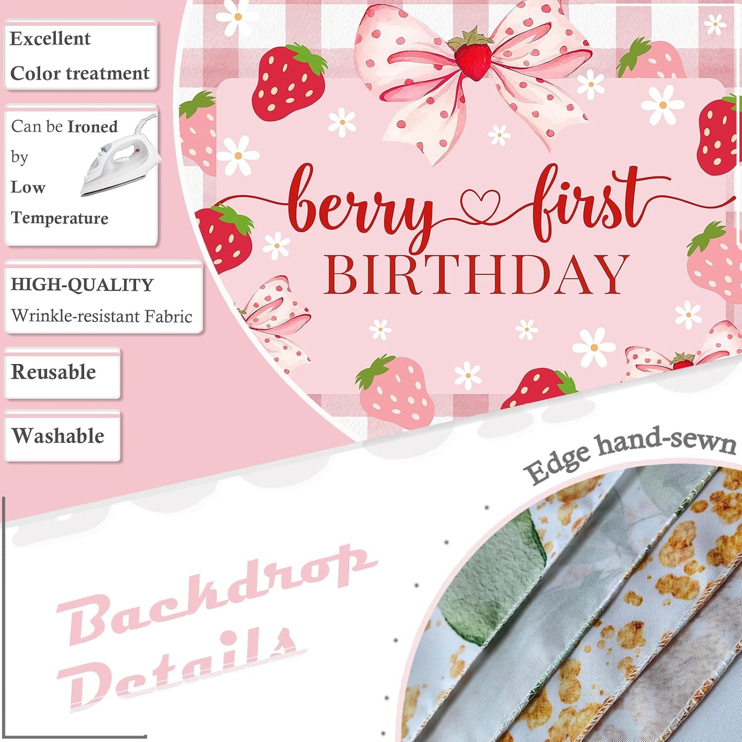 1st 7x5ft Berry First Birthday Backdrop for Girl Pink Bowknot Strawberry Photography Background Sweet One Birthday