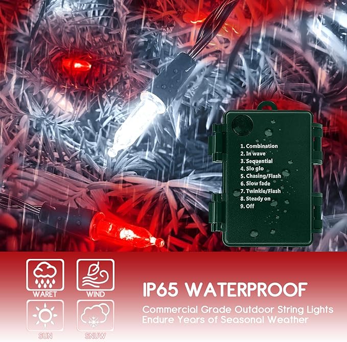KOUQIYA Battery Operated Christmas Lights 2 Pack, 17ft 50 LED Mini String Light with Auto-Timer 8 Modes Waterproof Tree Lights (Red&White)