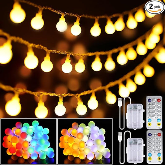 OMIKA 2 Pack 16.5FT 50LED Globe String Lights Battery Operated, Warm White Multicolor USB Fairy Lights Indoor with Remote for Classroom Bedroom Dorm Birthday Patio Tent Party Xmas Décor