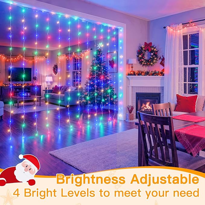 Ollny Curtain Lights 200LED 6.6x6.6ft, USB Multicolor Christmas Curtain Lights with Remote 8 Modes Timer, Waterproof String Lights for Bedroom Backdrop Window Indoor Outdoor